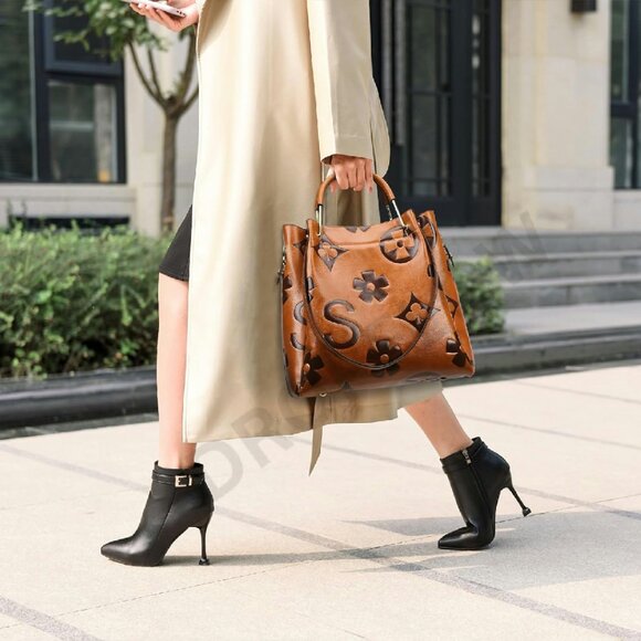 Floral Embossed Leather Top Handle Shoulder Bag Hobo Tote Set Elegant - Picture 3 of 8